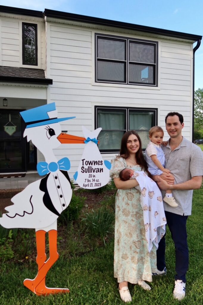 Yard stork signs Tennessee for baby Townes Sullivan with family by Nashville Storks and More in a Middle Tennessee yard